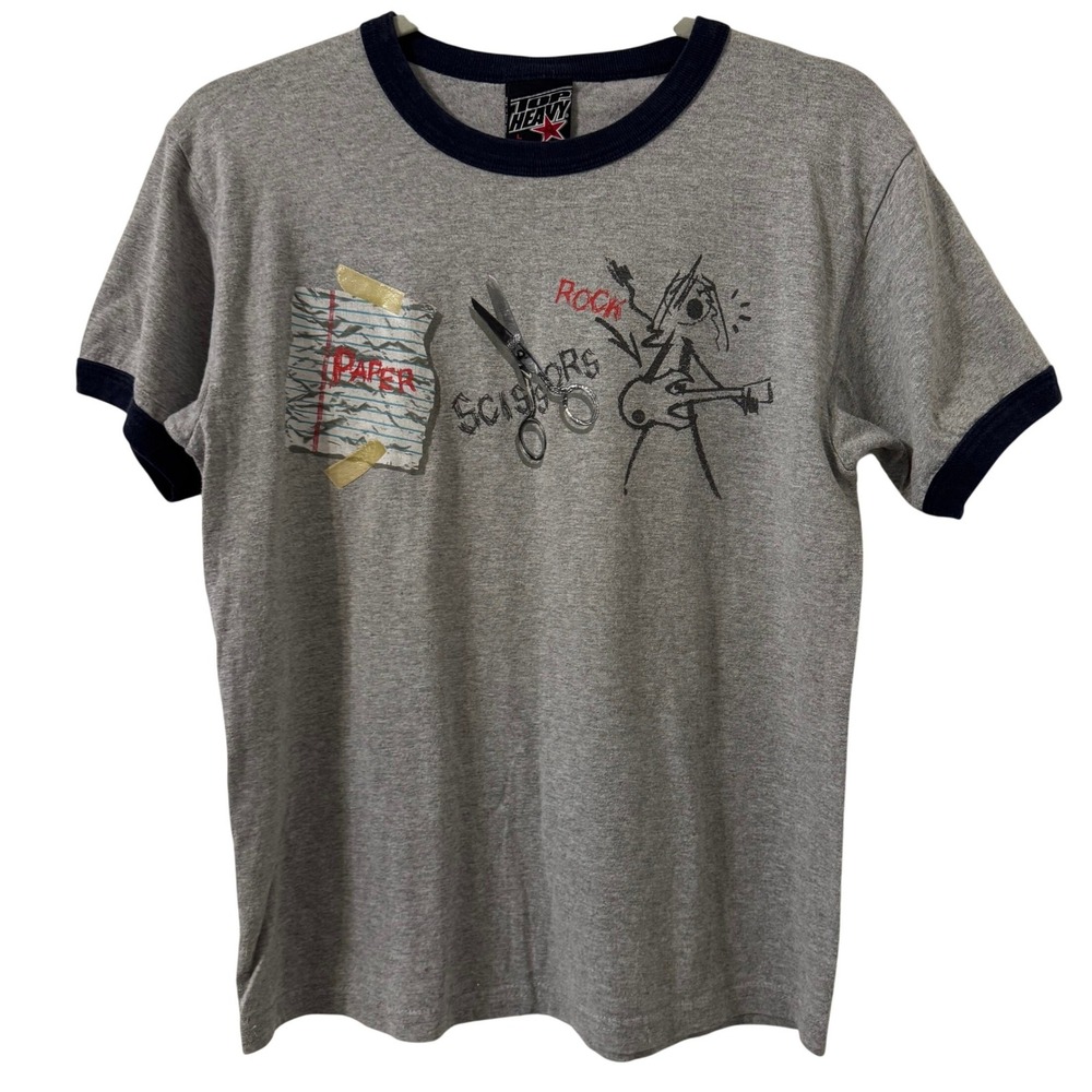 Top Heavy Rock Paper Scissors Ringer Tee Gray Navy Blue‎ Y2K Graphic T-Shirt L